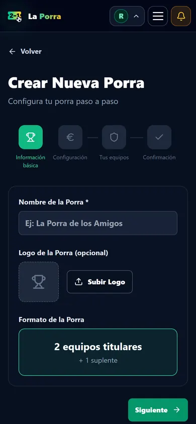 Primer paso del asistente para crear una porra: nombre, logotipo opcional y formato de dos equipos titulares más un suplente.